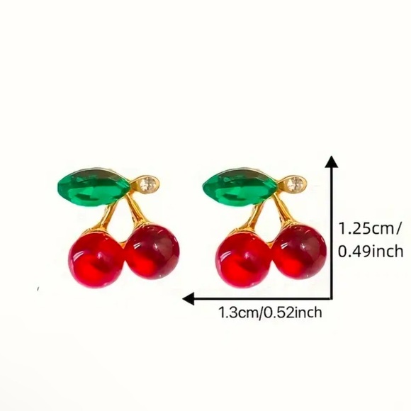 Red Cherry Stud Earrings Cute & Simple Design with Sparkling Rhinestones. - Picture 4 of 6
